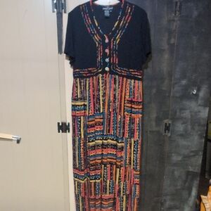 Carole Little Black Maxi Dress with Multicolor Stripe Pattern